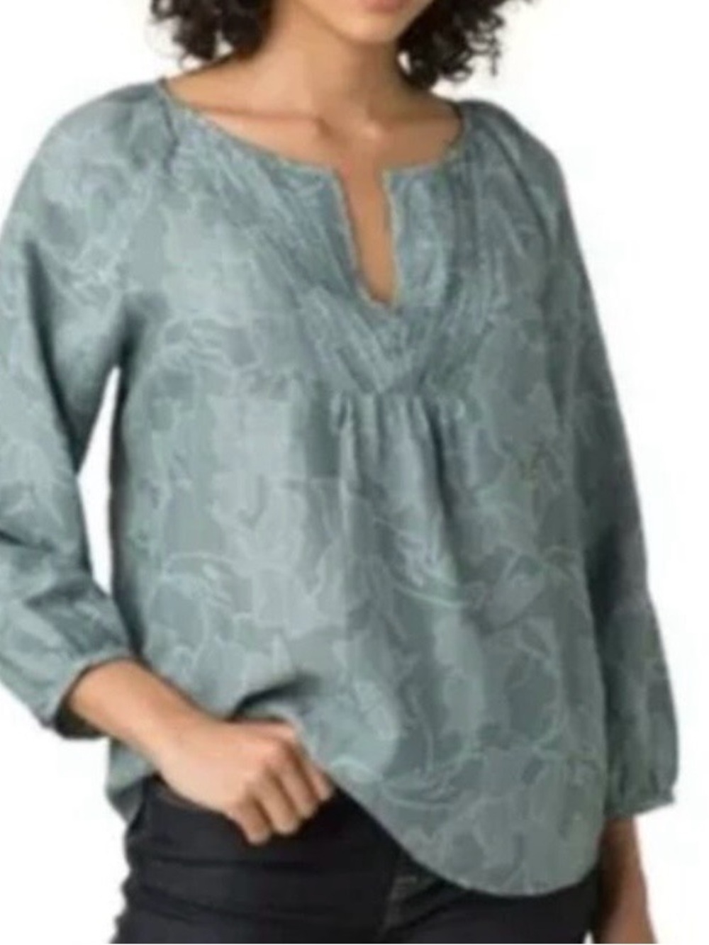 NEW Prana Leonardo Organic Cotton Teal Gray Pin-tuck Neck Peasant Blouse M